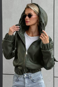 Black Faux Leather Hooded Loose Streetwear Jacket