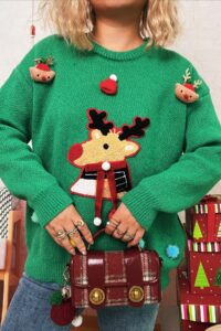Cartoon Deer Knit Crew Patchwork Sweater