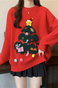 3D Pom Pom Tree Print Sweater