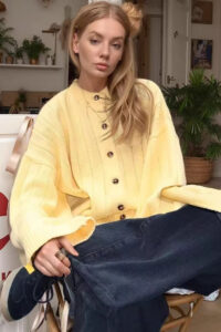 Yellow Ribbed Round Neck Knit Cardigan