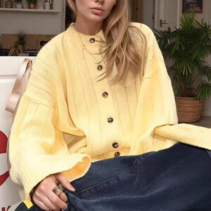 Yellow Ribbed Round Neck Knit Cardigan