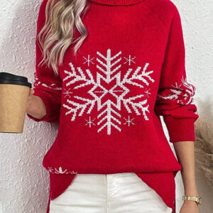 Solid Color Turtleneck Snowflake Print Sweater